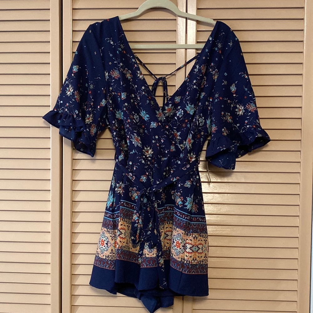 Floral Navy V-Neck Short Jumpsuit with Tie Waist